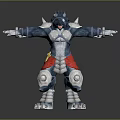 Mythical Creature Fantasy Character With Spiked Armor Blue Skin Red White Gear Arms Outstretched
