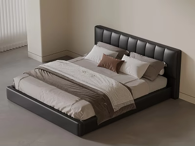 Modern Double Bed with Black Leather Headboard and Soft Bedding Pillows 3d model