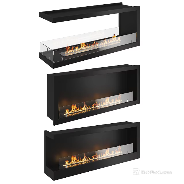 Three Modern Wall Mounted Fireplaces With Black Frame Glass Panel And Flames 3d model