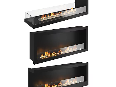 Three Modern Wall Mounted Fireplaces With Black Frame Glass Panel And Flames 3d model