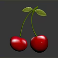 Ripe Red Cherries with Green Stems and Leaves on Dark Surface 3d model
