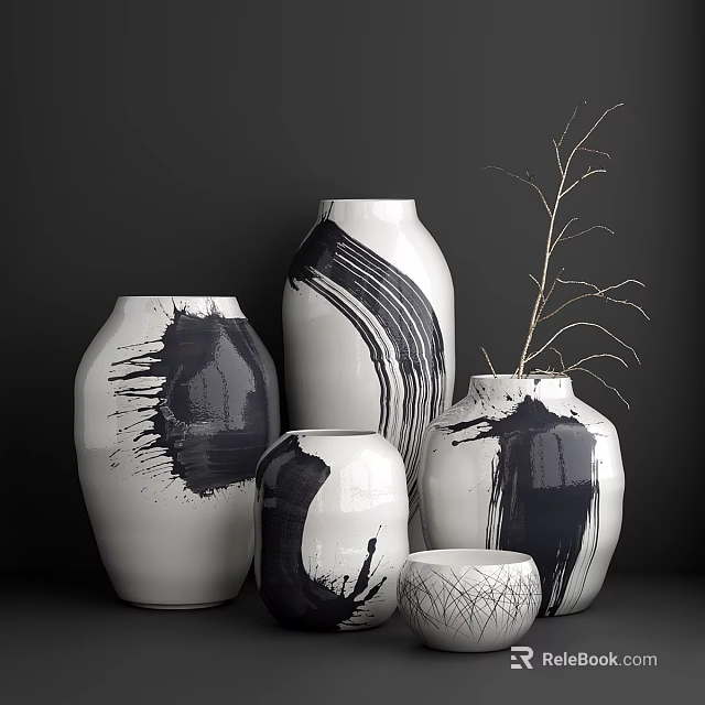 Modern Ceramic Vases with Black and White Brushstroke Patterns Various Sizes and Dried Branch Decor 3d model 
