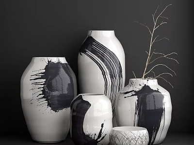 Modern Ceramic Vases with Black and White Brushstroke Patterns Various Sizes and Dried Branch Decor 3d model