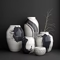 Modern Ceramic Vases with Black and White Brushstroke Patterns Various Sizes and Dried Branch Decor