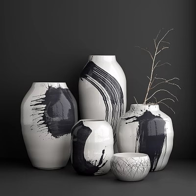 Modern Ceramic Vases with Black and White Brushstroke Patterns Various Sizes and Dried Branch Decor 3d model