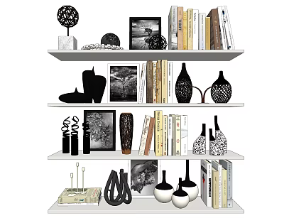 Modern Decorative Ornament Combination With Books Photo Frames And Vases On Shelves 3d model
