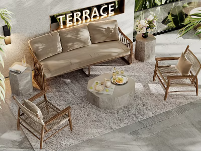 Rattan Outdoor Sofa With Terrace Coffee Table Chairs And Decorative Plants 3d model