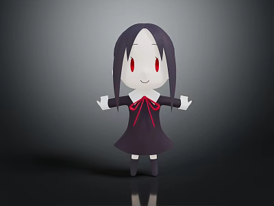Cute Cartoon Girl Character With Black Long Hair Red Eyes And Open Arms In Dark Background 3d model
