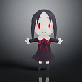 Cute Cartoon Girl Character With Black Long Hair Red Eyes And Open Arms In Dark Background