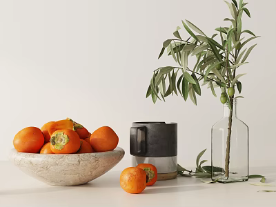 Decorative Ornament Set With Orange Fruits Stone Bowl Black Cup Glass Vase And Olive Branch 3d model