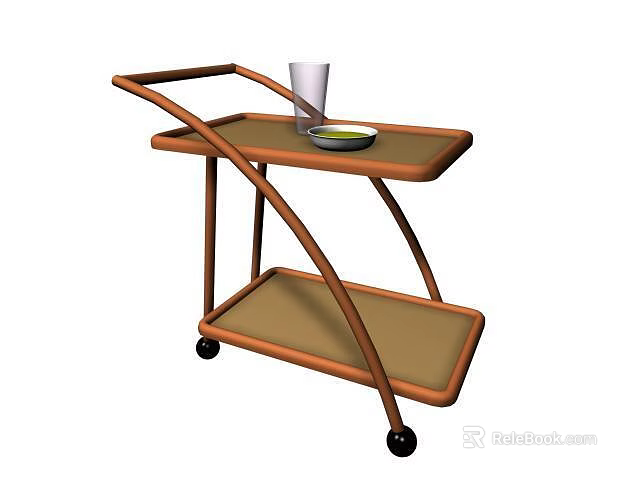 Commercial Two Tier Service Cart With Wooden Frame And Mobile Wheels For Catering Use 3d model 