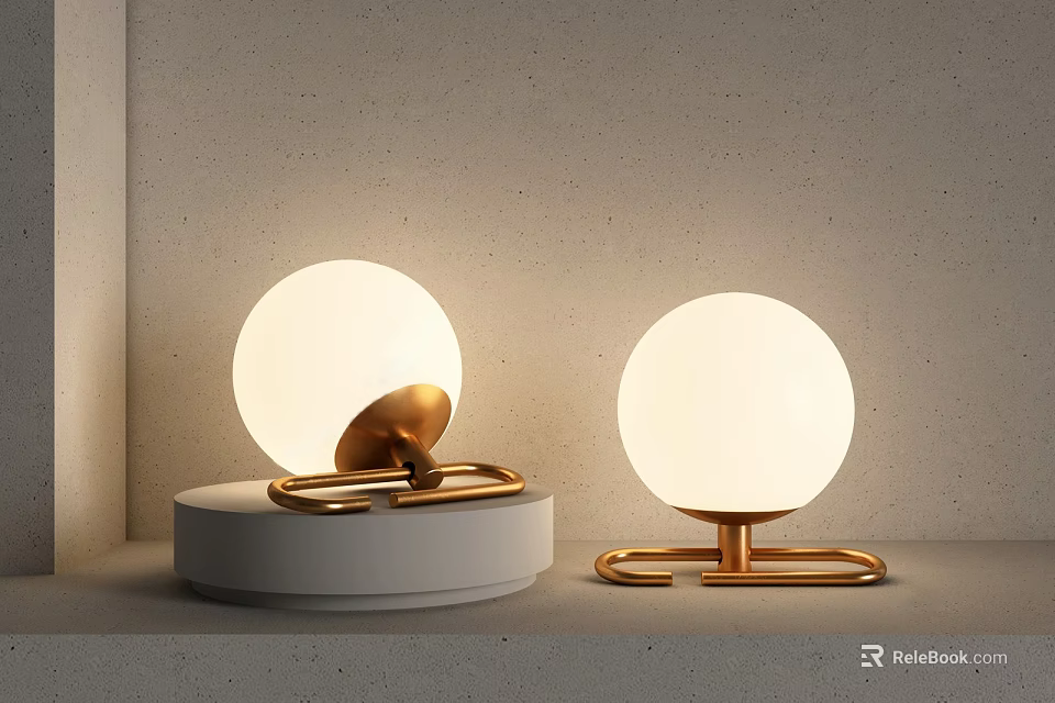 Two Modern Spherical Illuminated Table Lamps With Golden Brackets And White Bases 3d model 