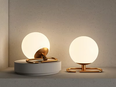 Two Modern Spherical Illuminated Table Lamps With Golden Brackets And White Bases 3d model