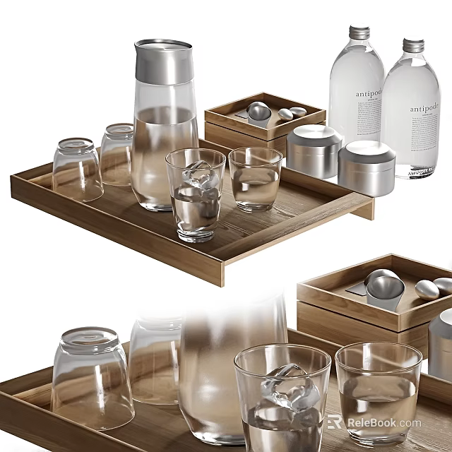 Wooden Tray With Glass Cups Ice Water Bottle And Metal Containers 3d model 