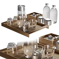 Wooden Tray With Glass Cups Ice Water Bottle And Metal Containers