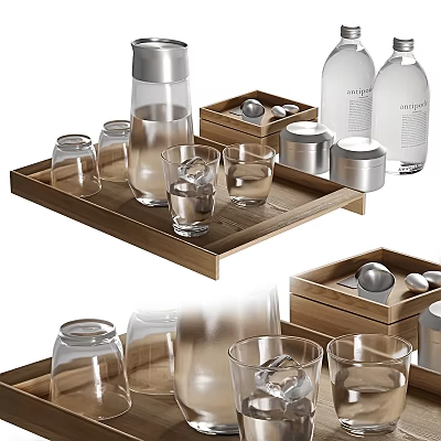 Wooden Tray With Glass Cups Ice Water Bottle And Metal Containers 3d model