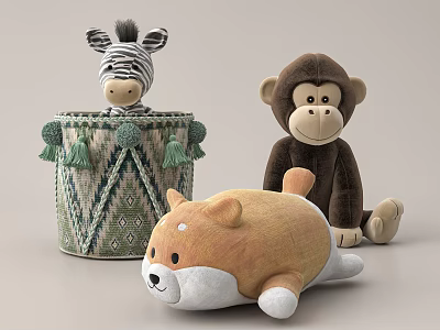 Cute Plush Zebra Monkey and Corgi Stuffed Toys in Green Woven Basket 3d model