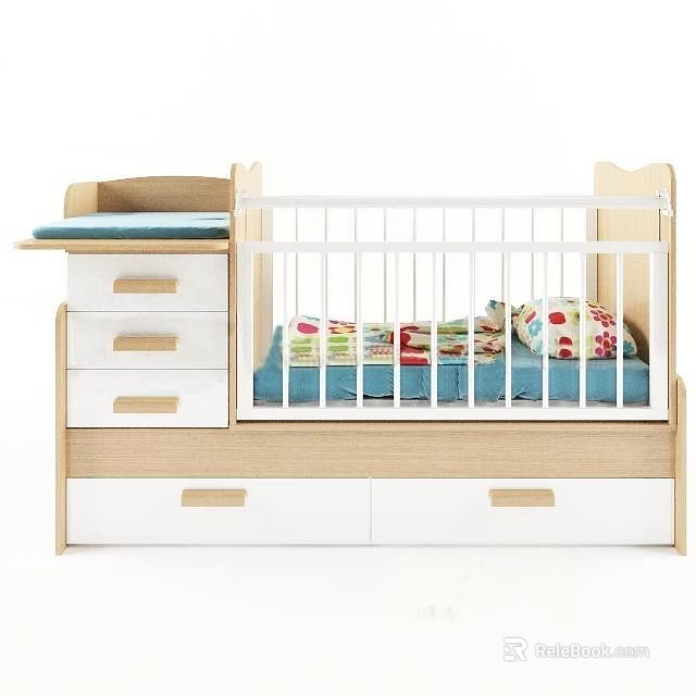 Wooden Baby Crib With White Rail Storage Drawers Changing Table And Colorful Mattress 3d model 