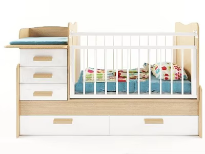 Wooden Baby Crib With White Rail Storage Drawers Changing Table And Colorful Mattress 3d model