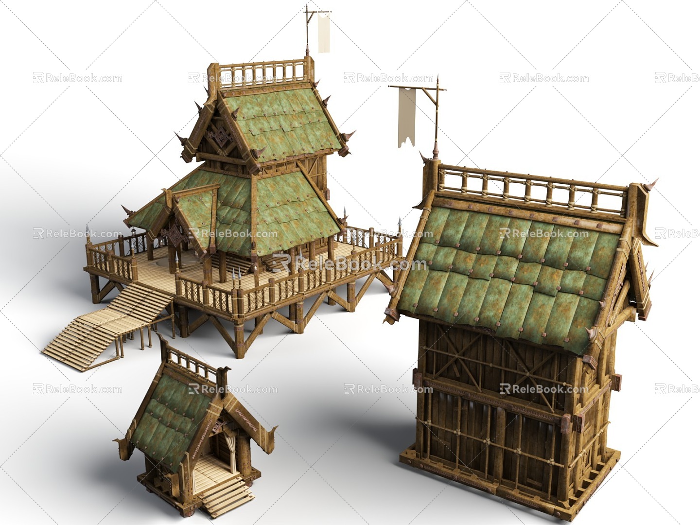 medieval military building ancient defense building wooden fortress ancient flag wooden military fortress 3d model