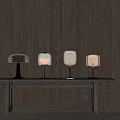 Modern Table Lamps On Black Long Table With Dark Wooden Wall Background