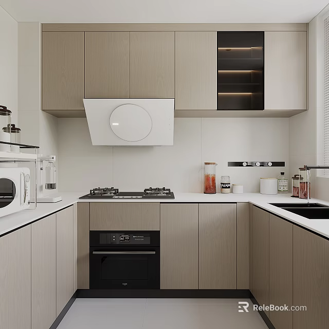 Modern Kitchen Interior Design With Light Colored Cabinets White Range Hood And Black Appliances 3d model 