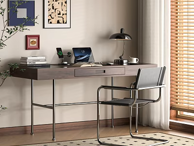 Modern Wooden Desk with Metal Legs Laptop Lamp Books Chair Window Blinds and Wall Art 3d model