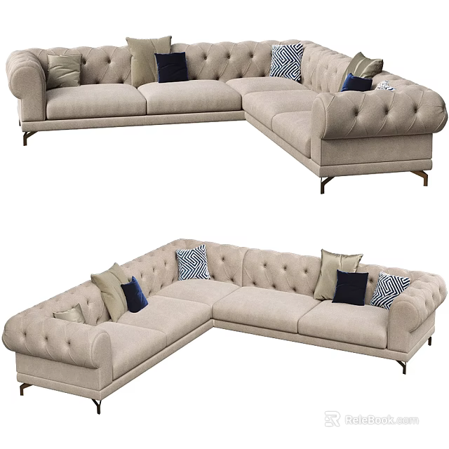 Beige L shaped Sectional Sofa With Button Tufted Design And Decorative Pillows 3d model