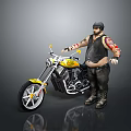 Yellow and Black Motorcycle With Flame Design And Tattooed Man In Helmet Standing Next
