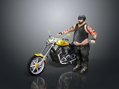 Yellow and Black Motorcycle With Flame Design And Tattooed Man In Helmet Standing Next 3d model