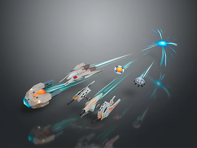 Futuristic Spaceships Flying With Blue Light Beams Energy Bursts And Reflective Surfaces 3d model