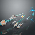 Futuristic Spaceships Flying With Blue Light Beams Energy Bursts And Reflective Surfaces
