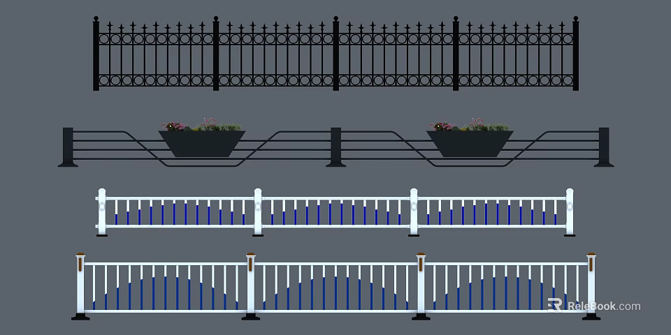 Various Railings Designs Featuring Wrought Iron And Flower Pots Decorative Elements 3d model 