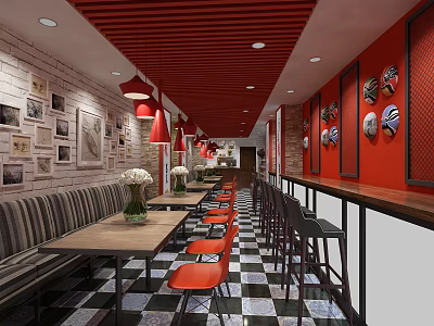 Modern Restaurant Interior With Red Ceiling Black White Checkered Floor Orange Chairs And Striped Benches 3d model