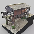 Abandoned Structure Model With Rusted Metal Broken Roof And Graffiti On Stone Base