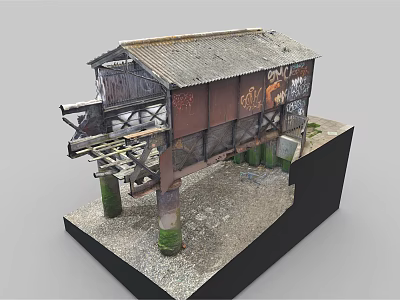 Abandoned Structure Model With Rusted Metal Broken Roof And Graffiti On Stone Base 3d model