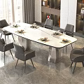Modern Dining Table Set With Marble Tabletop Gray Chairs And Open Cabinets 3d model