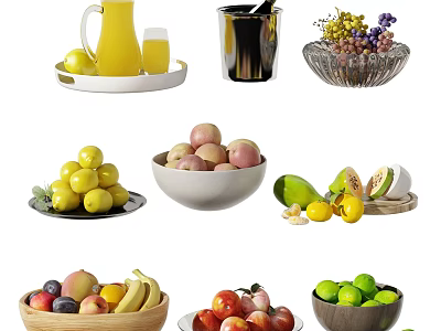 Assorted Fresh Fruits in Bowls and Plates with Grapes Peaches Bananas and Fresh Juice 3d model