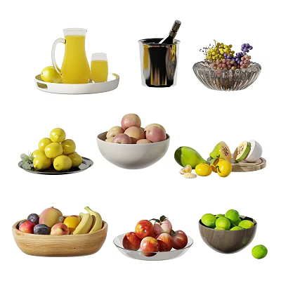Assorted Fresh Fruits in Bowls and Plates with Grapes Peaches Bananas and Fresh Juice 3d model