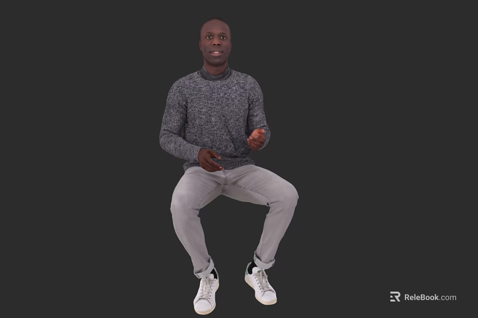 Man Sitting Against Black Background Wearing Gray Sweater Light Gray Pants And White Sneakers 3d model 