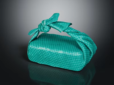 Elegant Green Checkered Fabric Wrap With Knotted Bow On Reflective Surface 3d model