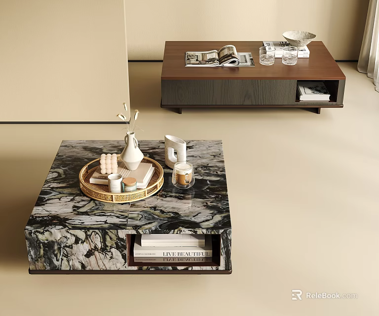 Marble Square Coffee Table With Decorative Tray Drawers And Wooden One With Magazines Glasses 3d model 