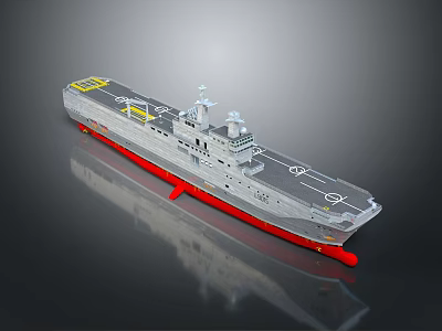 Gray And Red Warship With Flat Deck Yellow Area Superstructure And Detailed Design 3d model