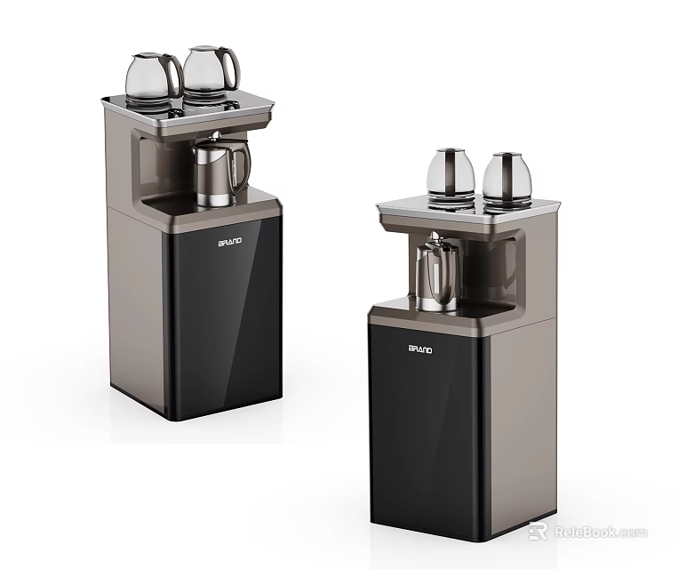 MIELE Upright Water Dispenser With Black And Silver Design And Cups On Top 3d model 