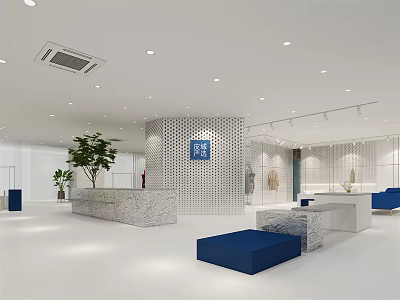 Modern Clothing Store Interior With Marble Reception Counter Blue Seating And Plants 3d model