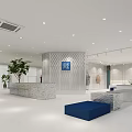 Modern Clothing Store Interior With Marble Reception Counter Blue Seating And Plants