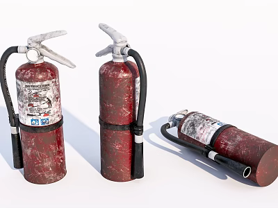 Three Red Worn Fire Extinguishers With Visible Labels And Handles 3d model