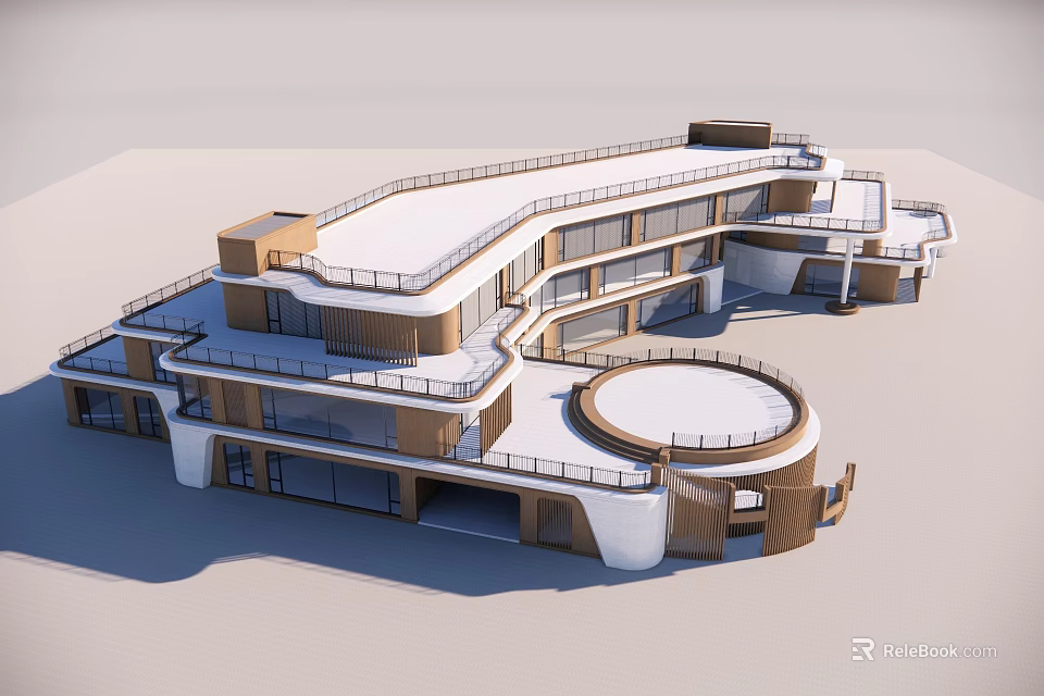Modern Multi Level Kindergarten Building With Curved Structure And Large Windows 3d model 