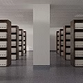 Archive Room With Wooden Bookshelves White File Cabinets White Pillars Gray Floor And White Ceiling