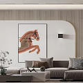 Modern Living and Dining Room Interior With Sofa Rabbit Sculpture Wooden Wall And Dark Doors